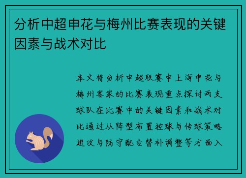 分析中超申花与梅州比赛表现的关键因素与战术对比