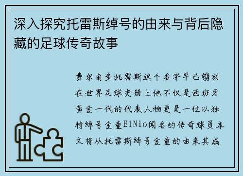 深入探究托雷斯绰号的由来与背后隐藏的足球传奇故事 深入探究托雷斯绰号的由来与背后隐藏的足球传奇故事